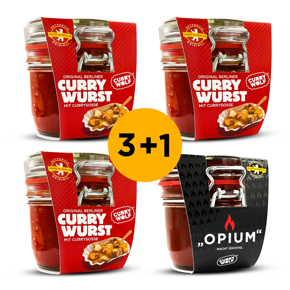 3 × curry sausage in a swing-top jar and 1 × HOT SAUCE »OPIUM«